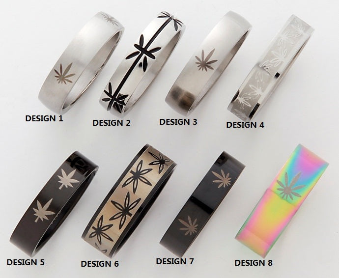 316L surgical steel marijuana leaf band rings in various designs.