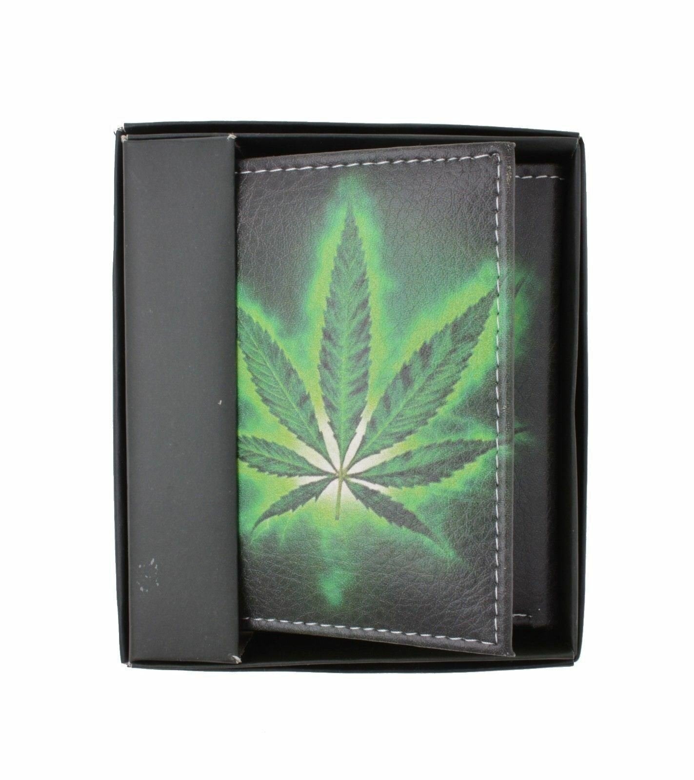 Marijuana Leaf Mens Genuine Leather Trifold Wallet Black Interior With Gift Box