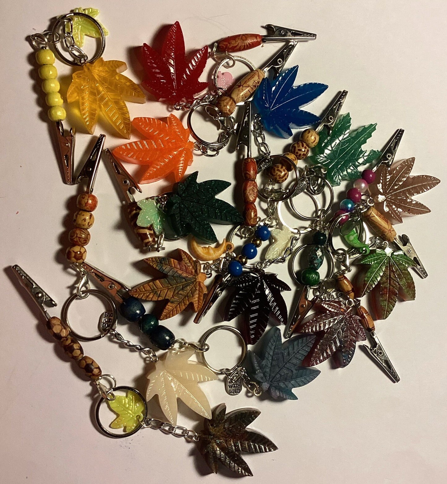 6 ct. Weed Leaf key chains With Bonus Clip Multi Color Set Roach Clip
