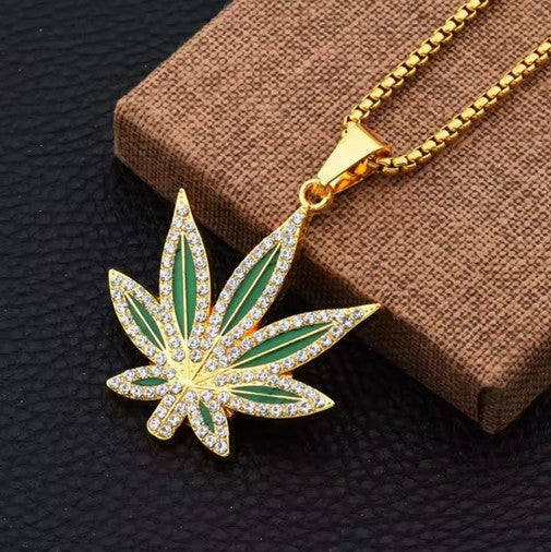 Gold Colored Stainless Steel Bling Cannabis Pot Leaf Pendant Necklace New