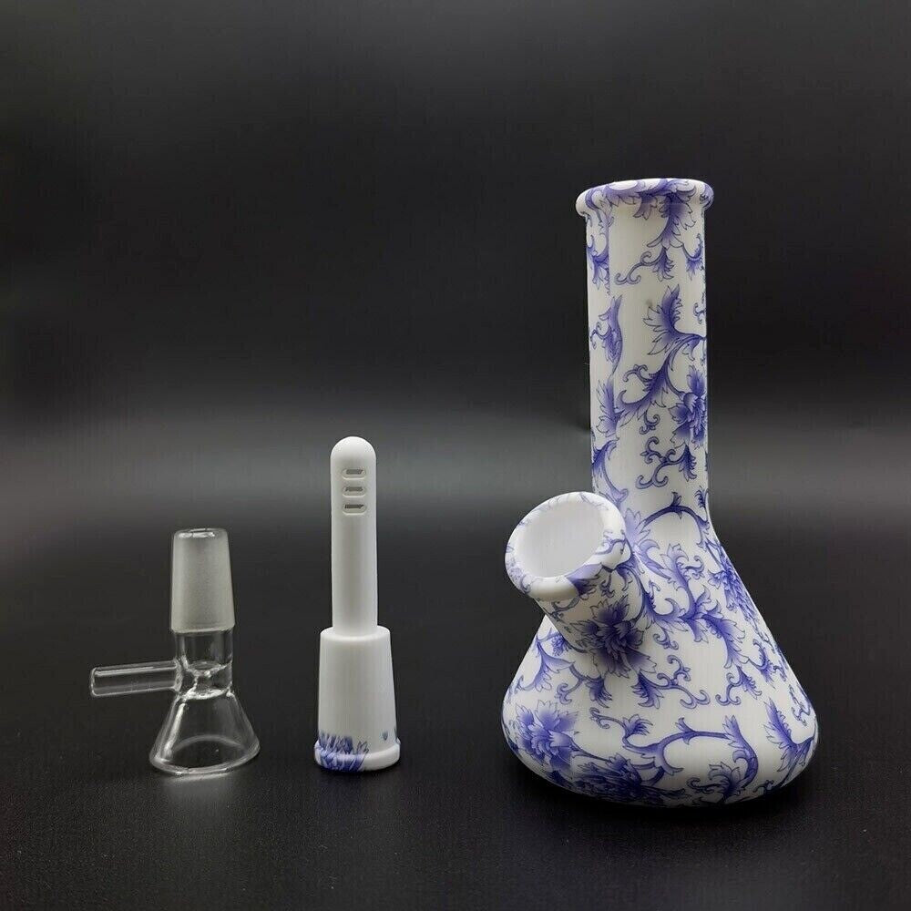 4.7" Silicone Water Pipe Smoking Pipes Hookah Purple Floral Bubbler + Glass Bowl