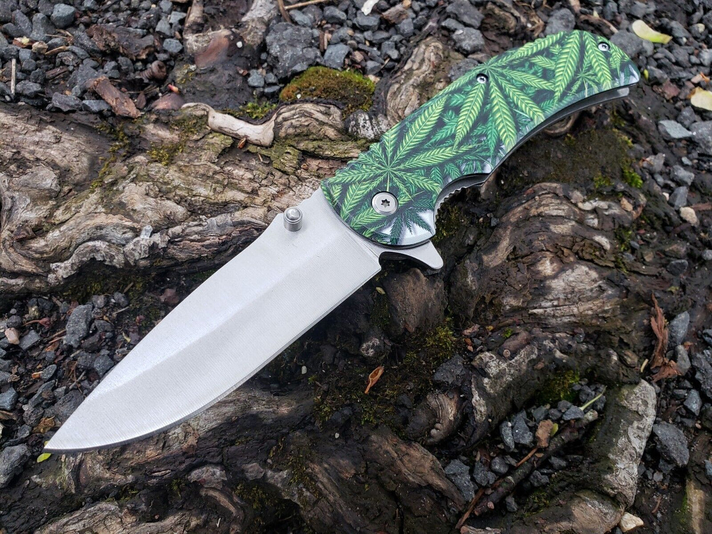 Silver Green Marijuana Cannabis Leaf Print Spring Assisted Pocket Knife Metal