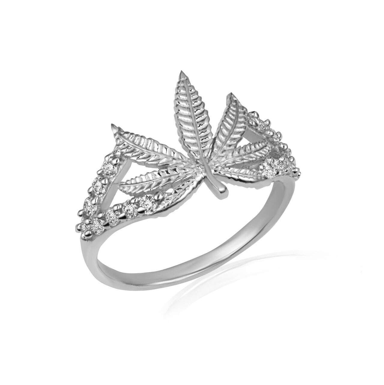 925 Sterling Silver Marijuana Leaf Weed CZ Ring with Cubic Zirconia Accents