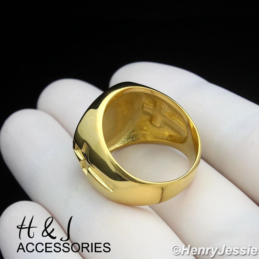 Gold plated stainless steel ring with marijuana leaf cross design, men's jewelry.