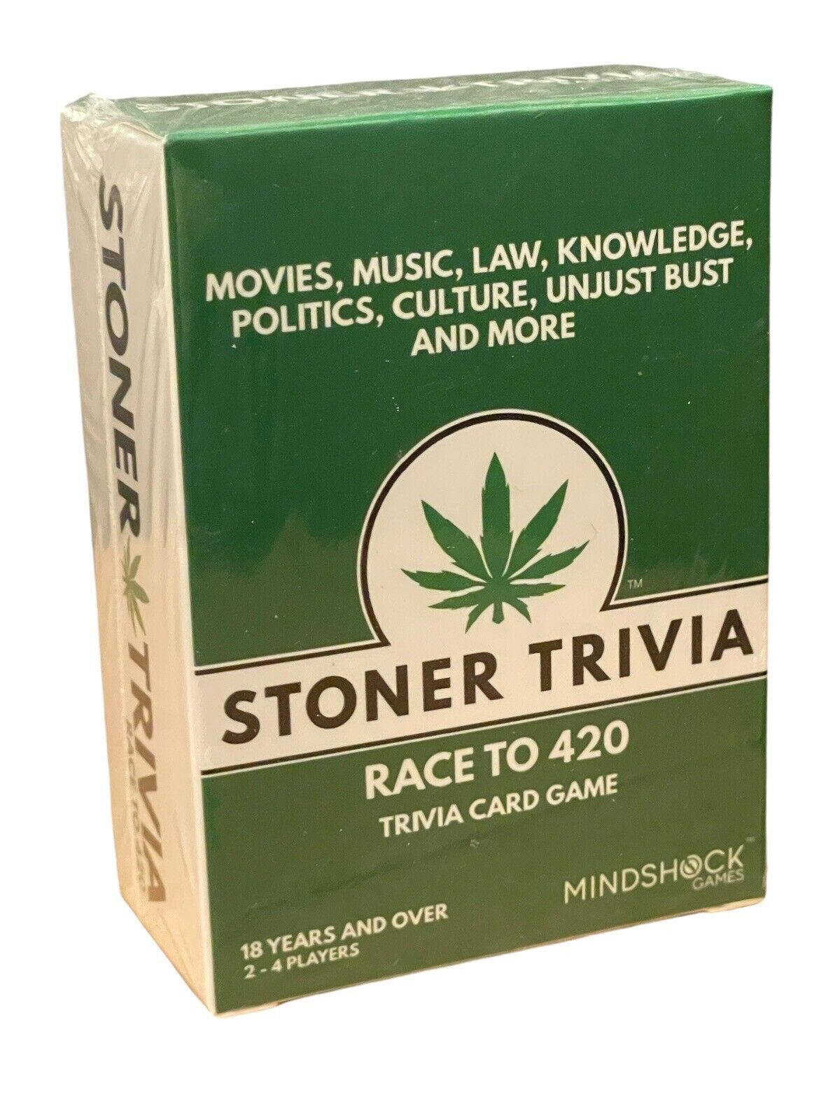 Stoner Trivia Card Game box with marijuana leaf design, focusing on movies, music, history, law, and culture.