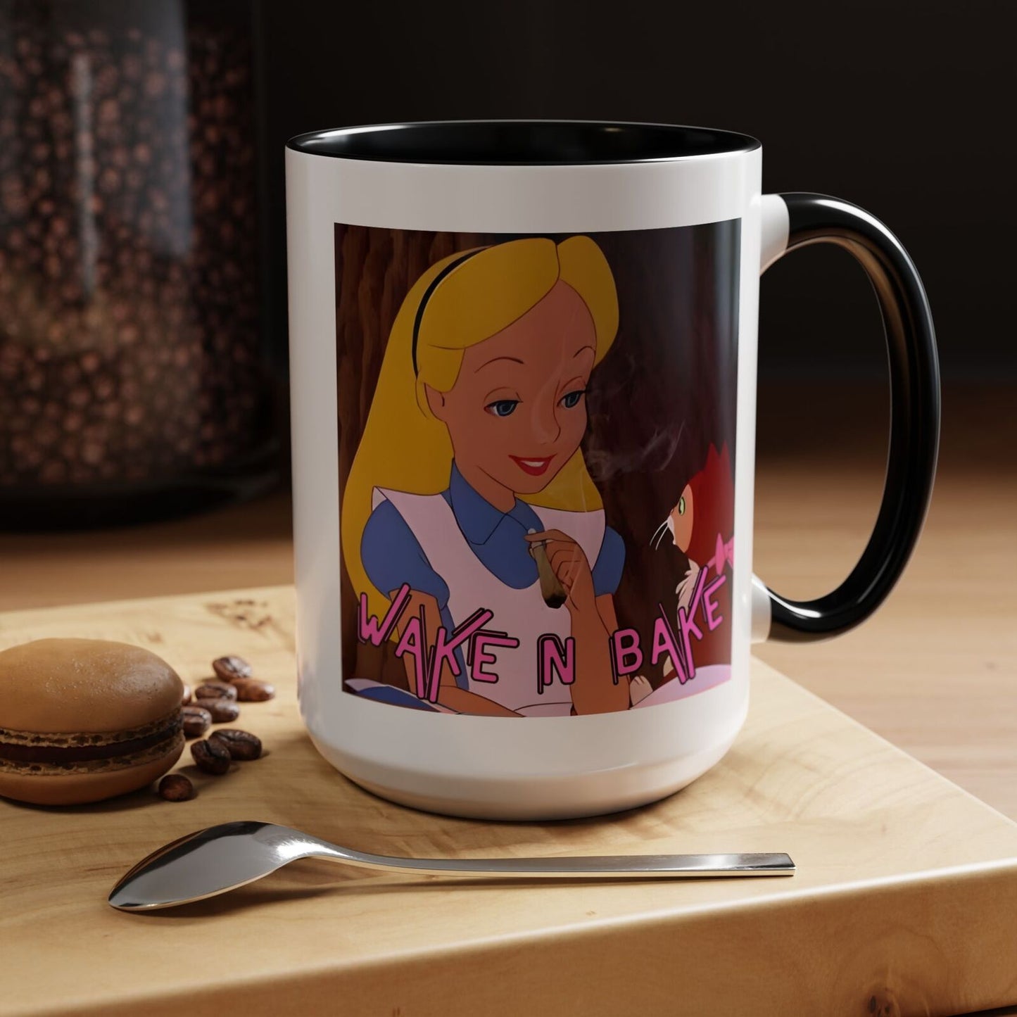WAKE N BAKE Retro Coffee Mug (11, 15oz) Cartoon Alice Smoking Joint Vintage 420