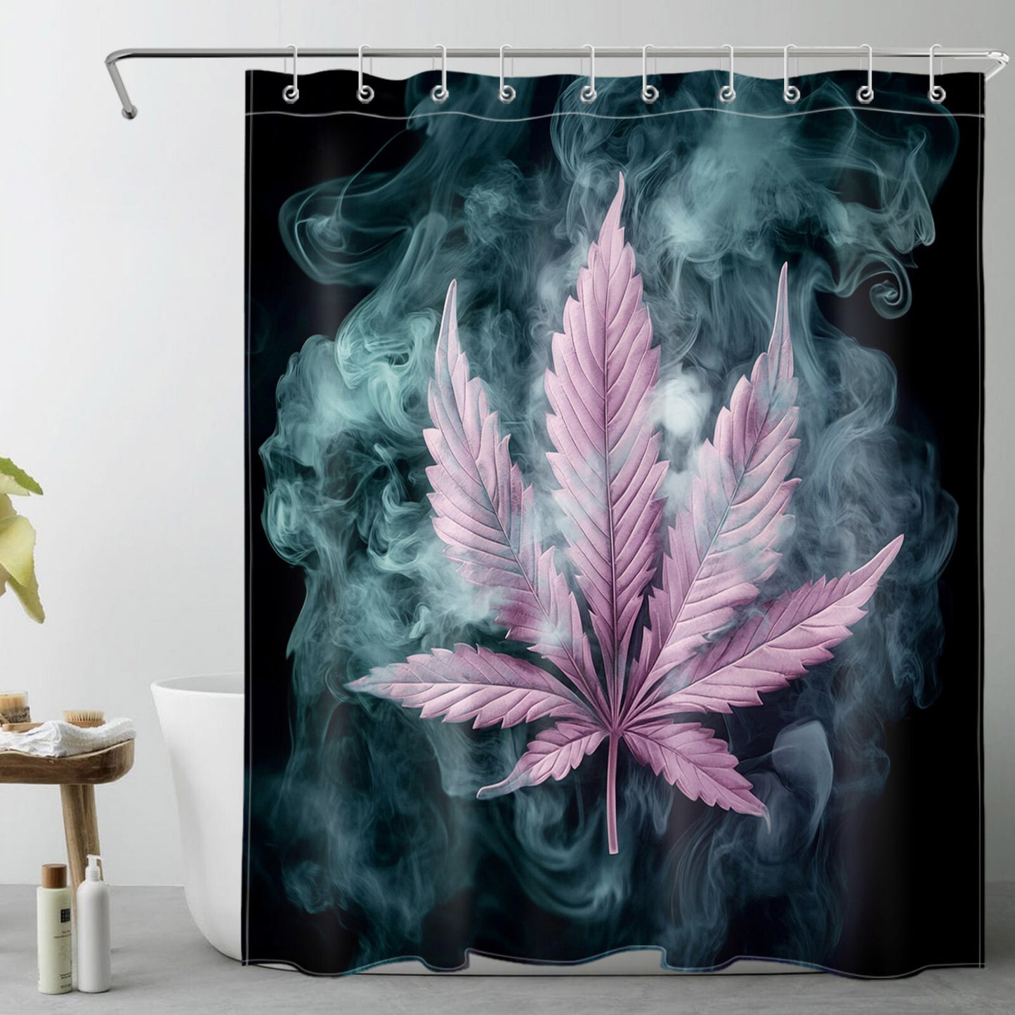 Cannabis Plant Purple Marijuana Leaf Black Shower Curtain Set for Bathroom Decor