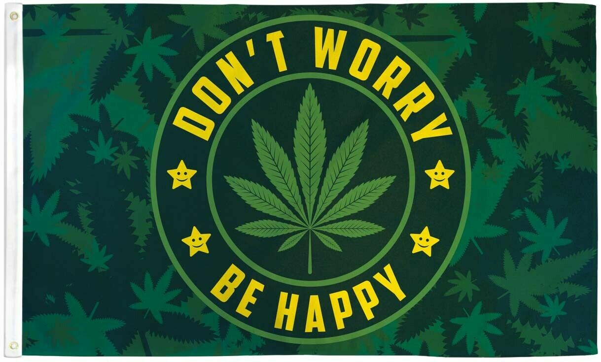 Don't Worry Be Happy Flag with marijuana leaf design, 3x5ft.