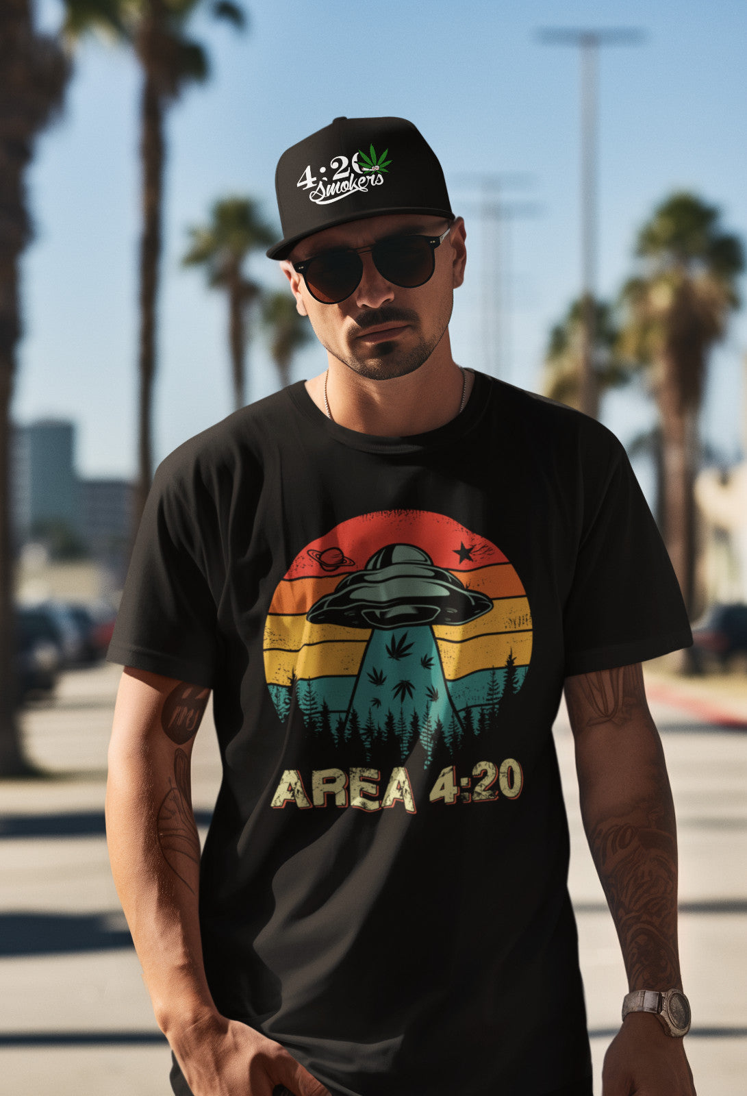 Area 420 Cannabis Weed T-Shirt with UFO design, worn by a person; relaxed fit, 100% cotton.