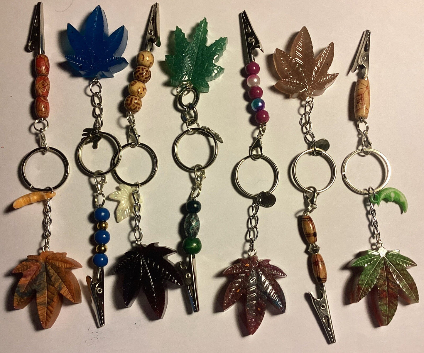 6 ct. Weed Leaf key chains With Bonus Clip Multi Color Set Roach Clip
