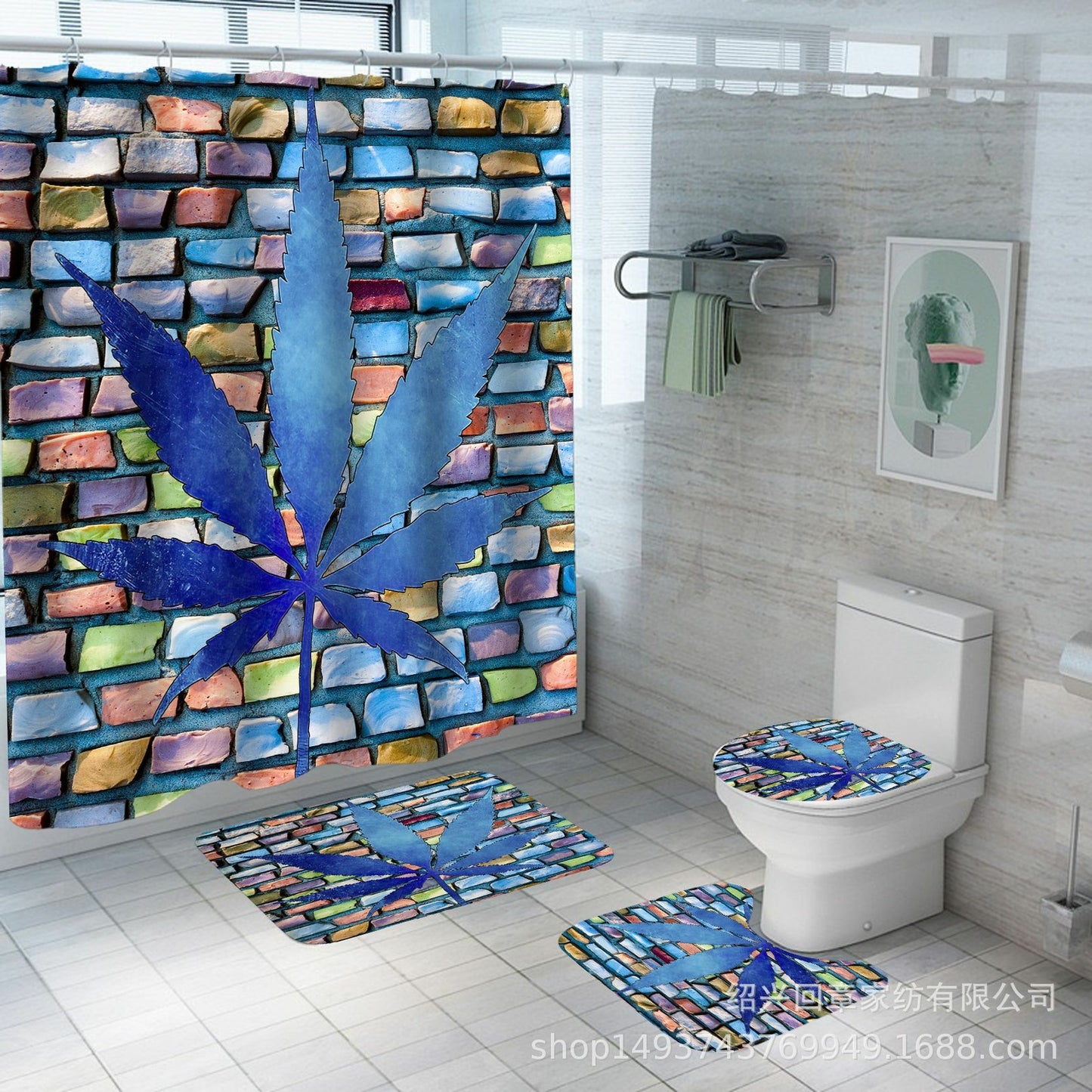 Weed Leaf Art Shower Curtain Non-Slip Bathroom Mat Toilet Lid Cover Set 5 Styles