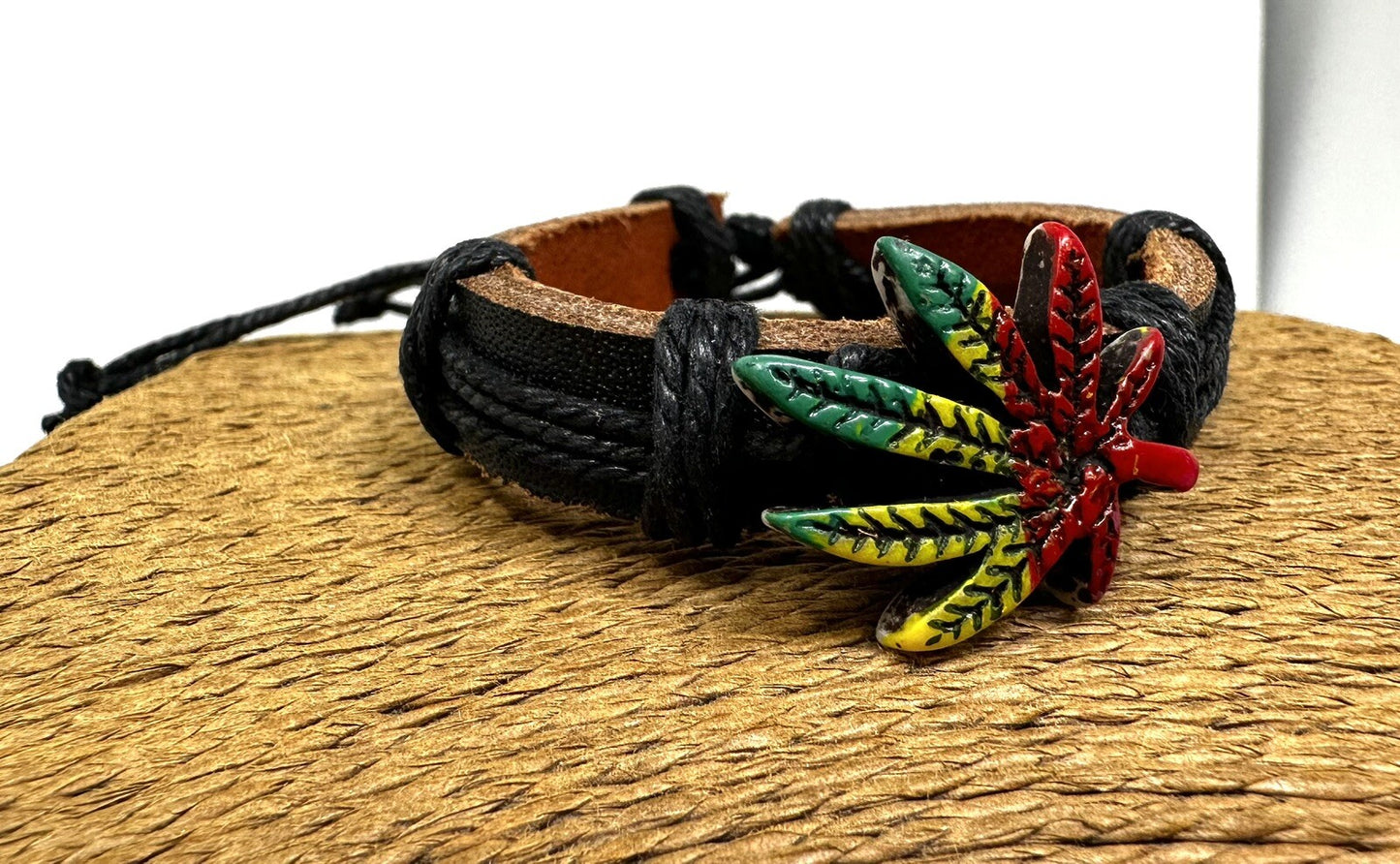 Adjustable Black Leather Bracelet with Rasta-Colored Marijuana Leaf Charm