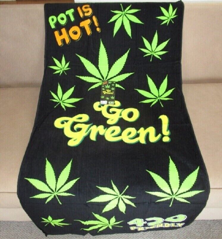 Go Green Beach Bath Towel with Marijuana Leaf Design, 100% Cotton, 420 Friendly.