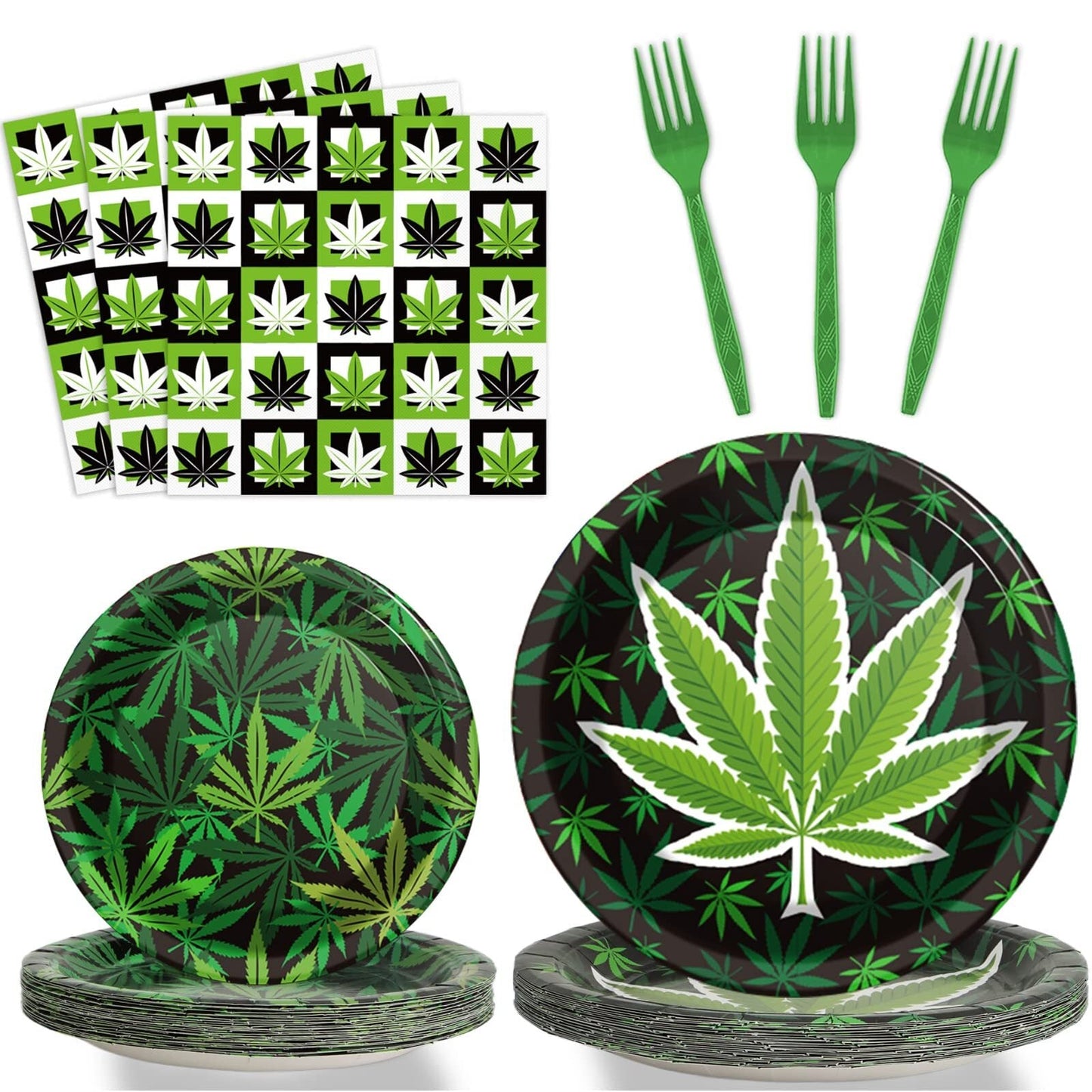 96 Pcs weed themed party plates and napkins set with green pot leaf design.