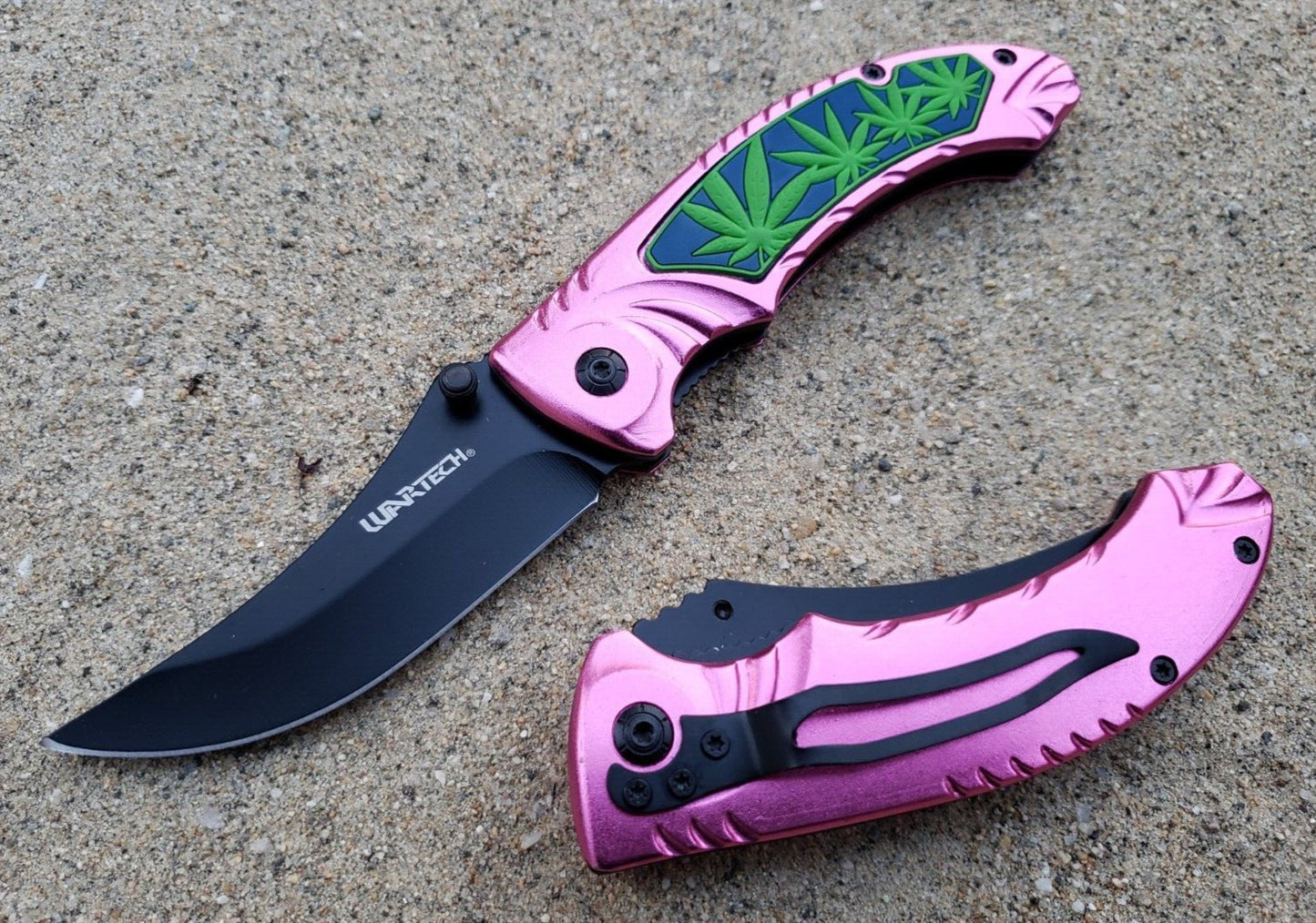 Pink Black Pot Leaf Design Spring assisted Pocket Knife Thumb Stud EDC 5.3 OZ