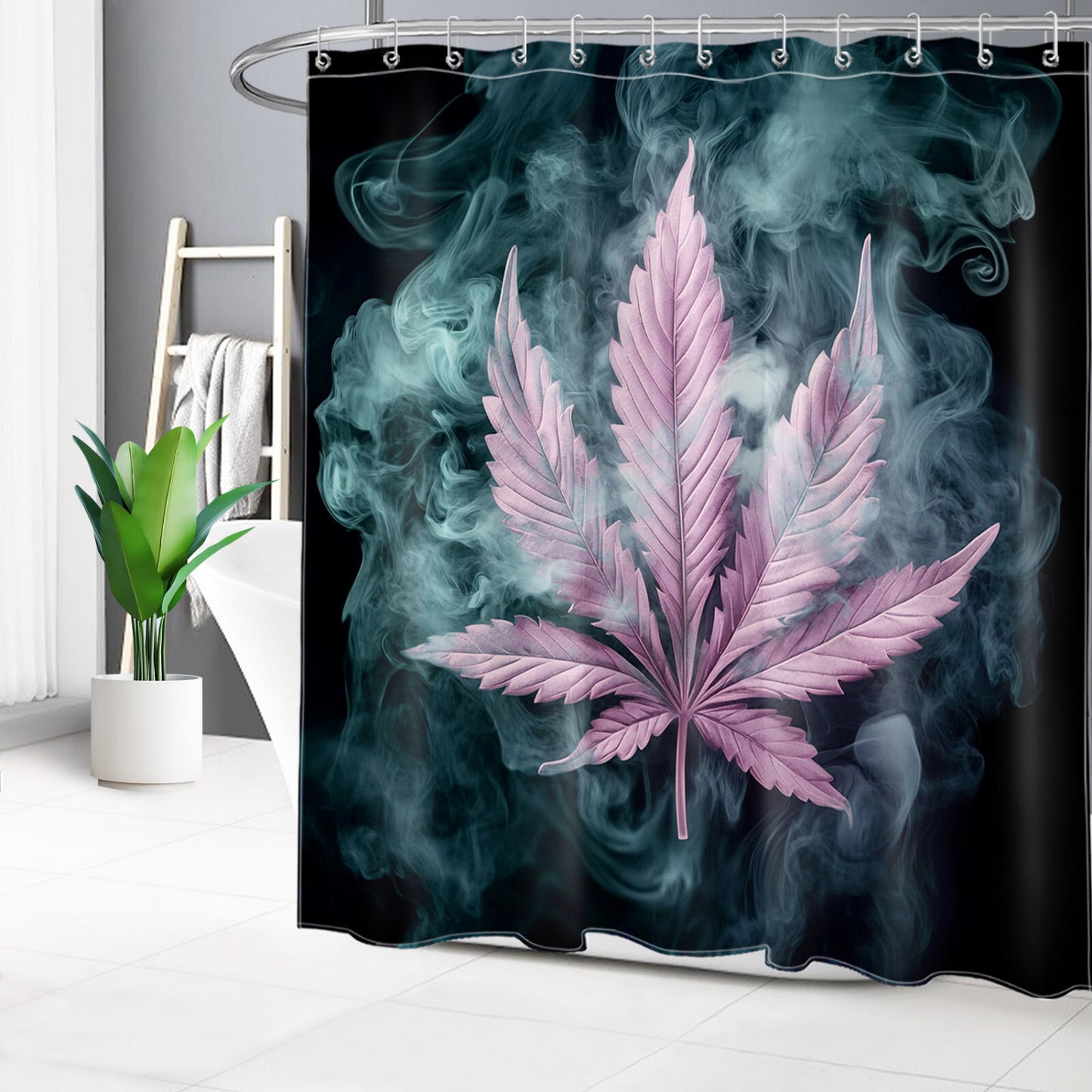 Cannabis Plant Purple Marijuana Leaf Black Shower Curtain Set for Bathroom Decor