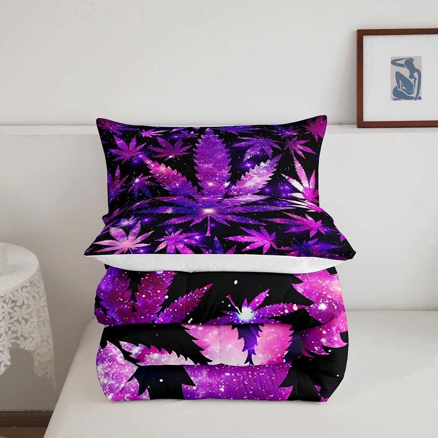 Marijuana Weed Purple Black Comforter Set Queen Size Hippie Marijuana Leaf Be...