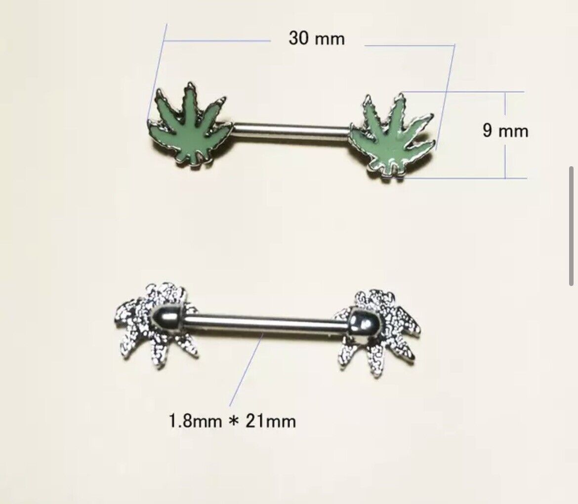 Pair (2pcs) Marijuana Weed Nipple Ring Body Jewelry Piercing Barbell 1-1