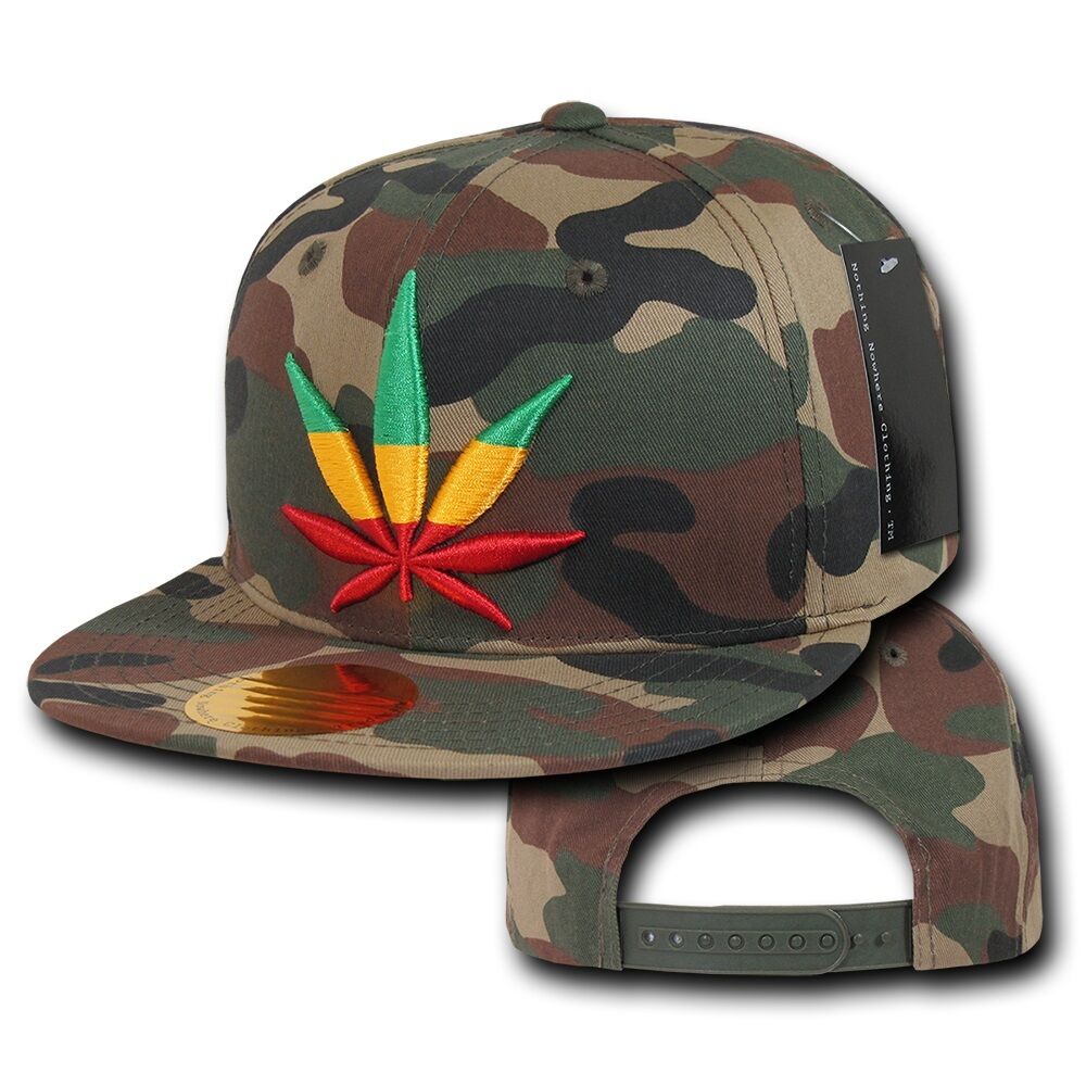 Camo snapback baseball cap with Rasta weed leaf design.