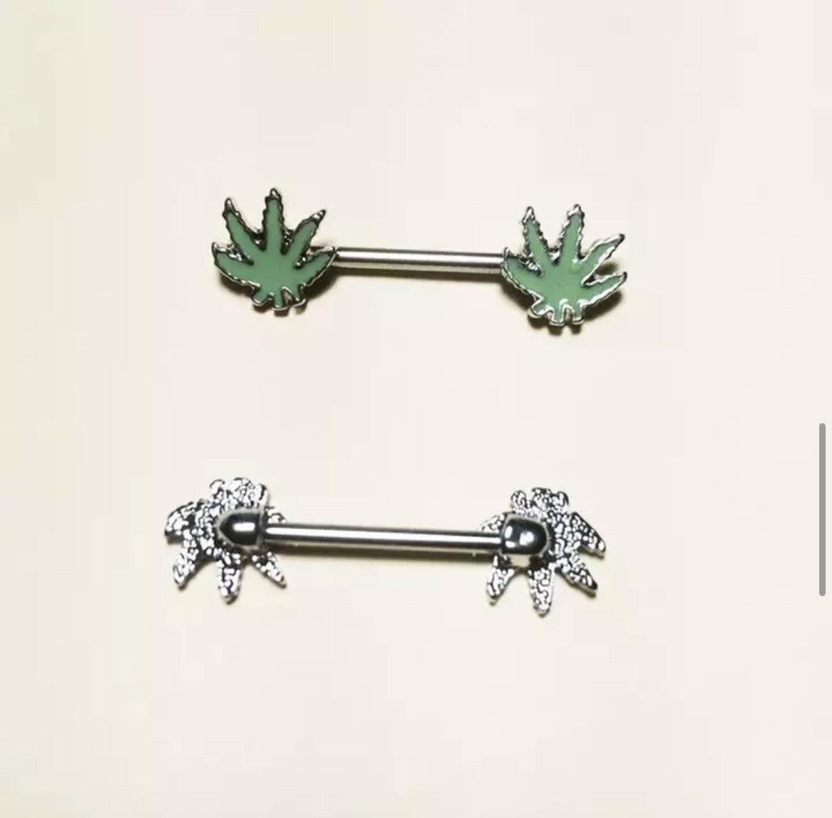 Pair (2pcs) Marijuana Weed Nipple Ring Body Jewelry Piercing Barbell 1-1