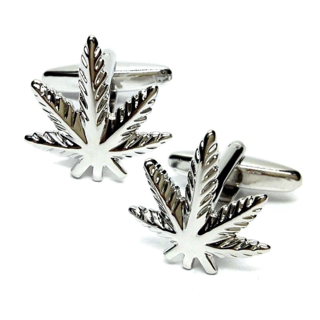 POT LEAF CUFFLINKS shaped like marijuana leaves, stylish gift accessory.
