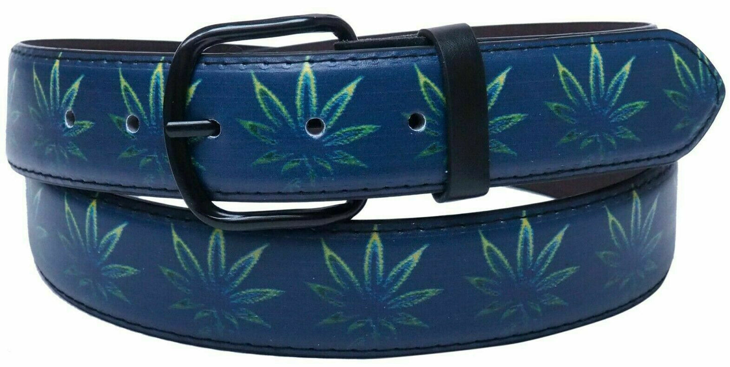 MARIJUANA WEED LEAF POT RASTA CANNABIS HIPPIE LEATHER STITCHED BELT w/ BUCKLE