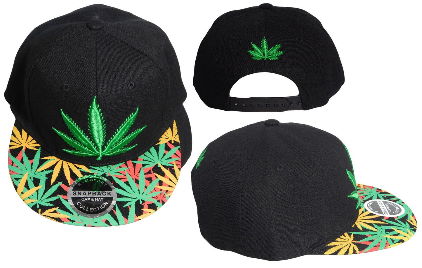 Black polyester cap with colorful cannabis leaf embroidery, adjustable strap, hoop and loop closure.