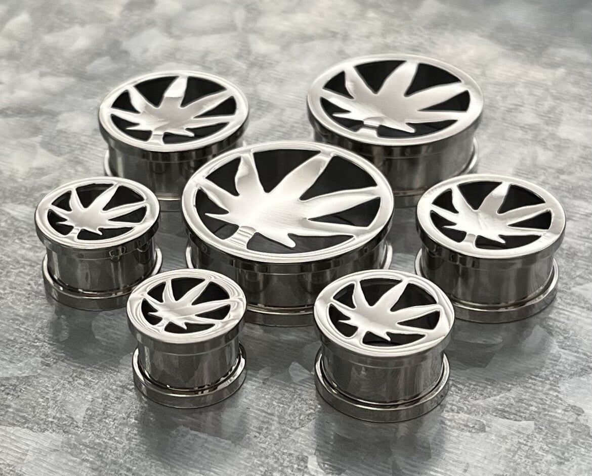 PAIR Pot Leaf Screw Fit Tunnels Marijuana Plugs Earlet Gauges Body Jewelry 5 sizes