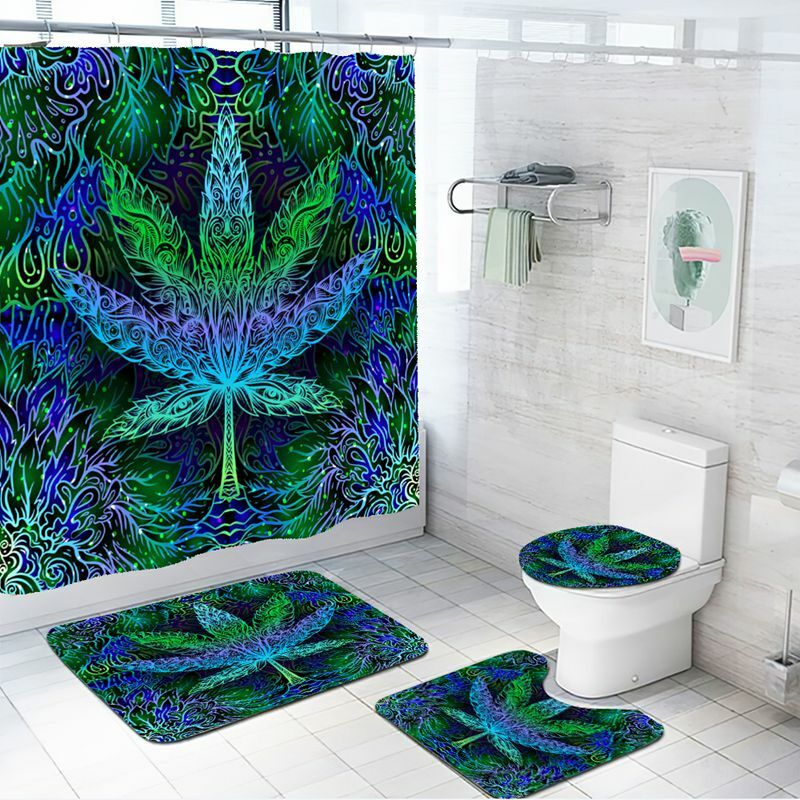 Psychedelic weed leaf art shower curtain set with non-slip bath mat and toilet lid cover.