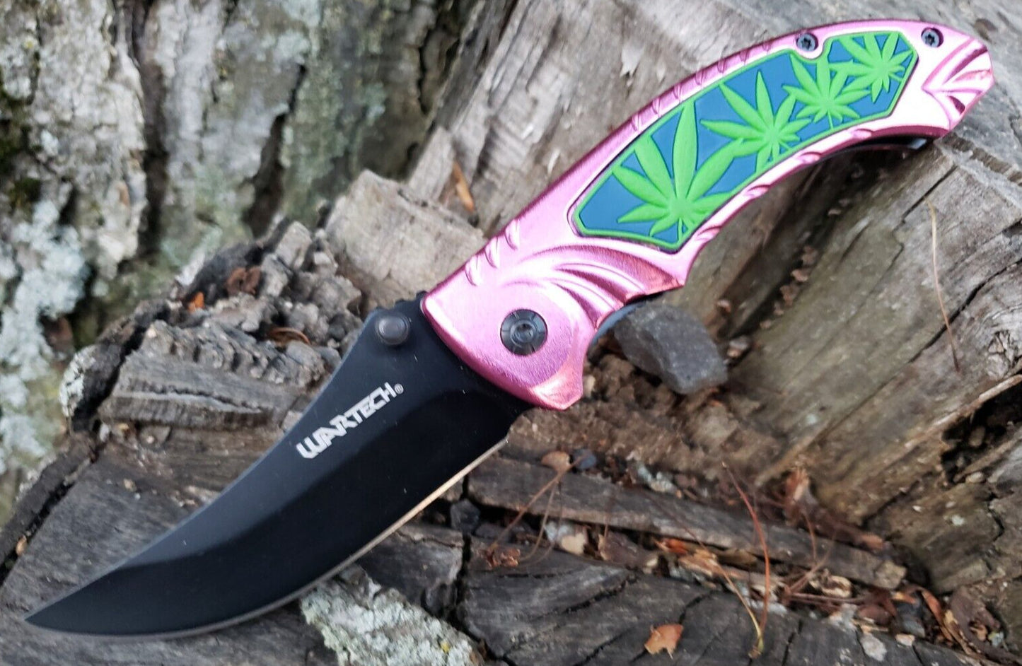 Pink Black Pot Leaf Design Spring assisted Pocket Knife Thumb Stud EDC 5.3 OZ