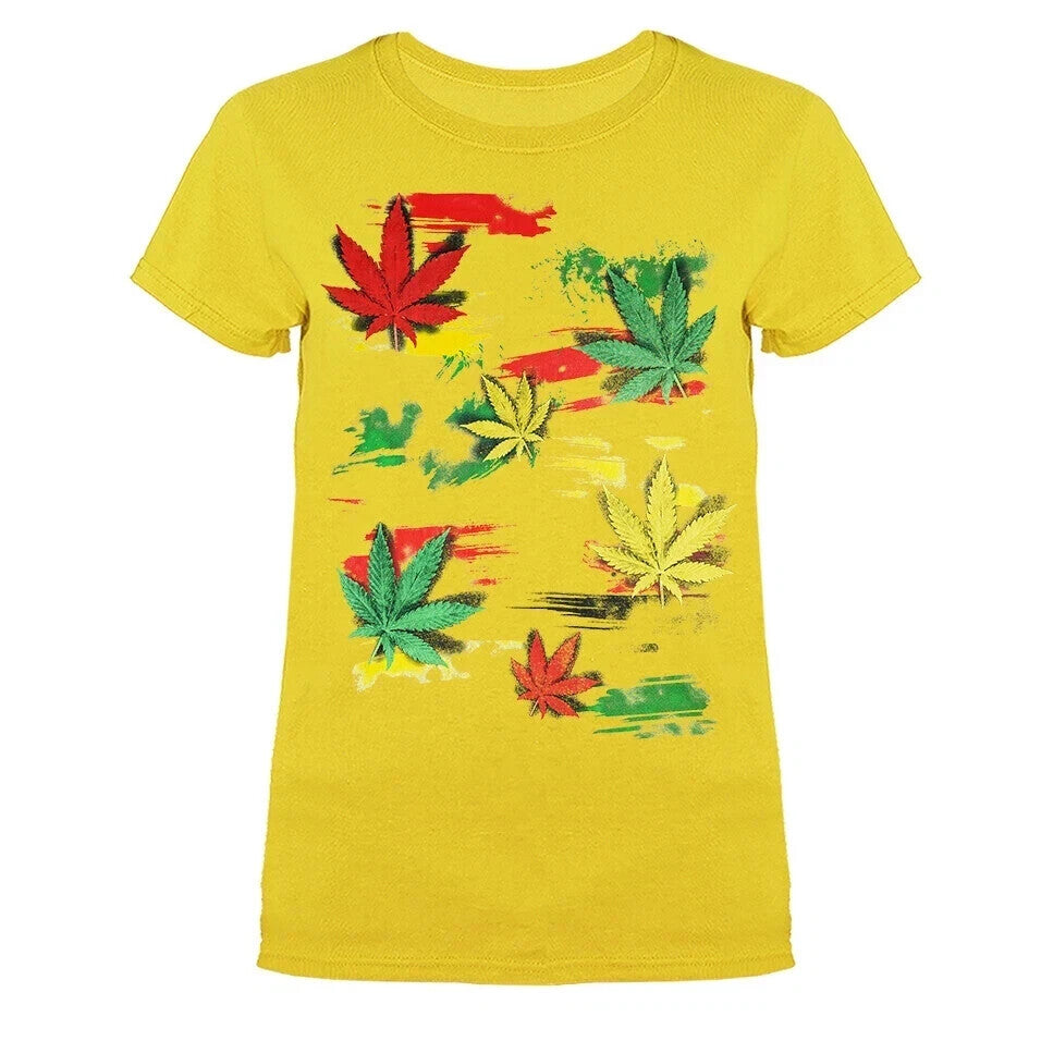 Rasta Multi Color Pot Leaves Funny Joke Humorous Women's T-shirt 9 colors size S to 3XL