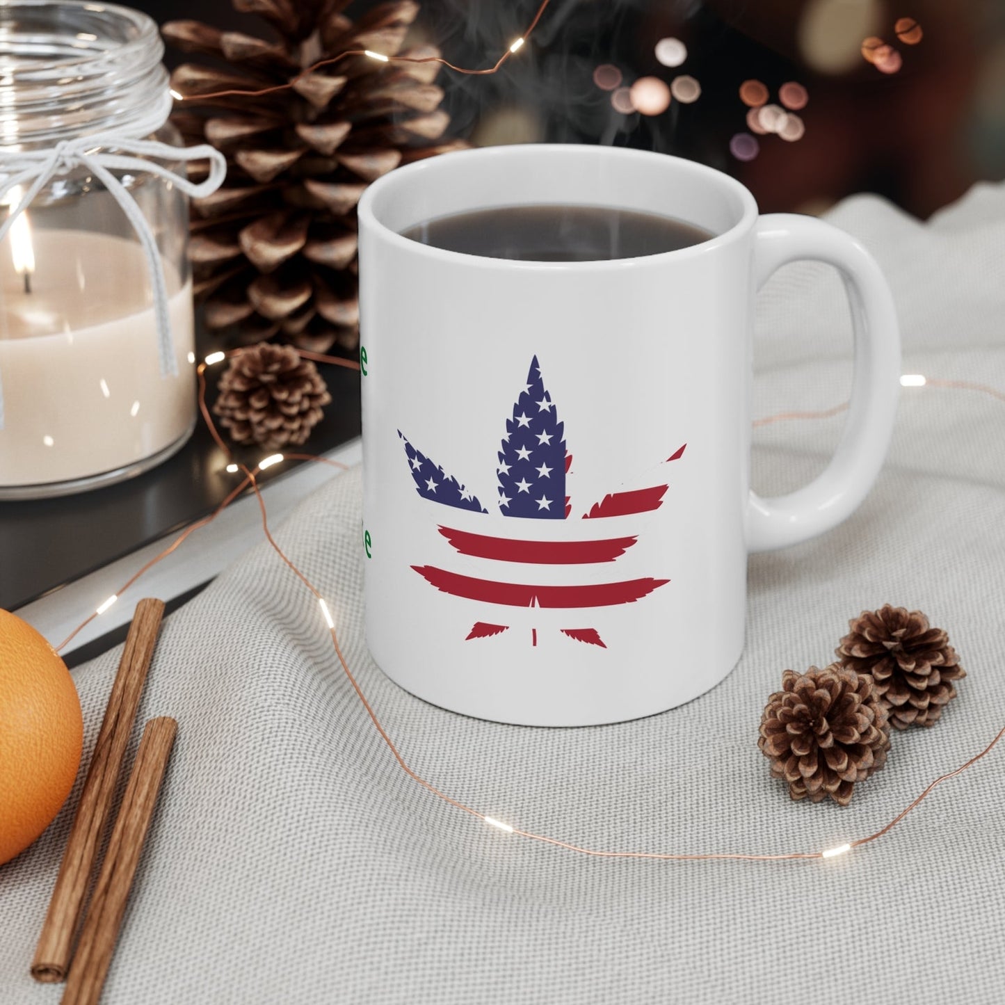 White Wake & Bake Mug with American flag leaf design, 11oz ceramic.