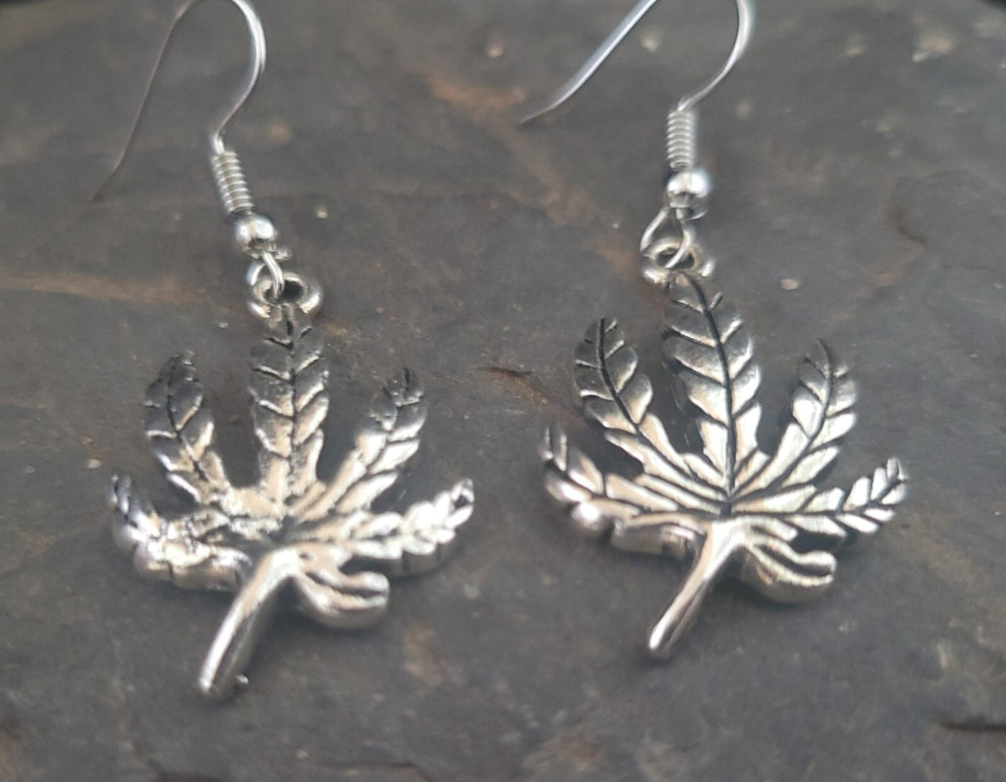 Silver Pot Leaf Earrings, Hypo Allergenic Hooks, Hippie Jewelry, Handmade!