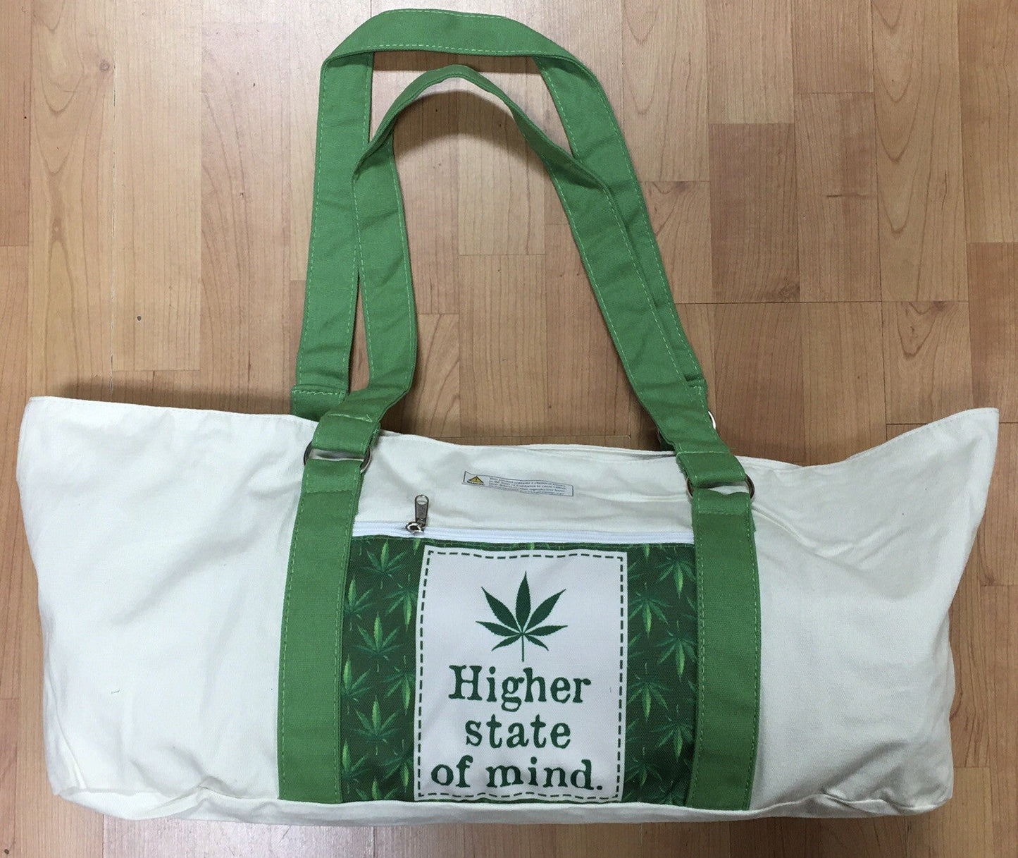 Higher State Of Mind pot leaf design canvas yoga mat beach multifunction bag with green straps.