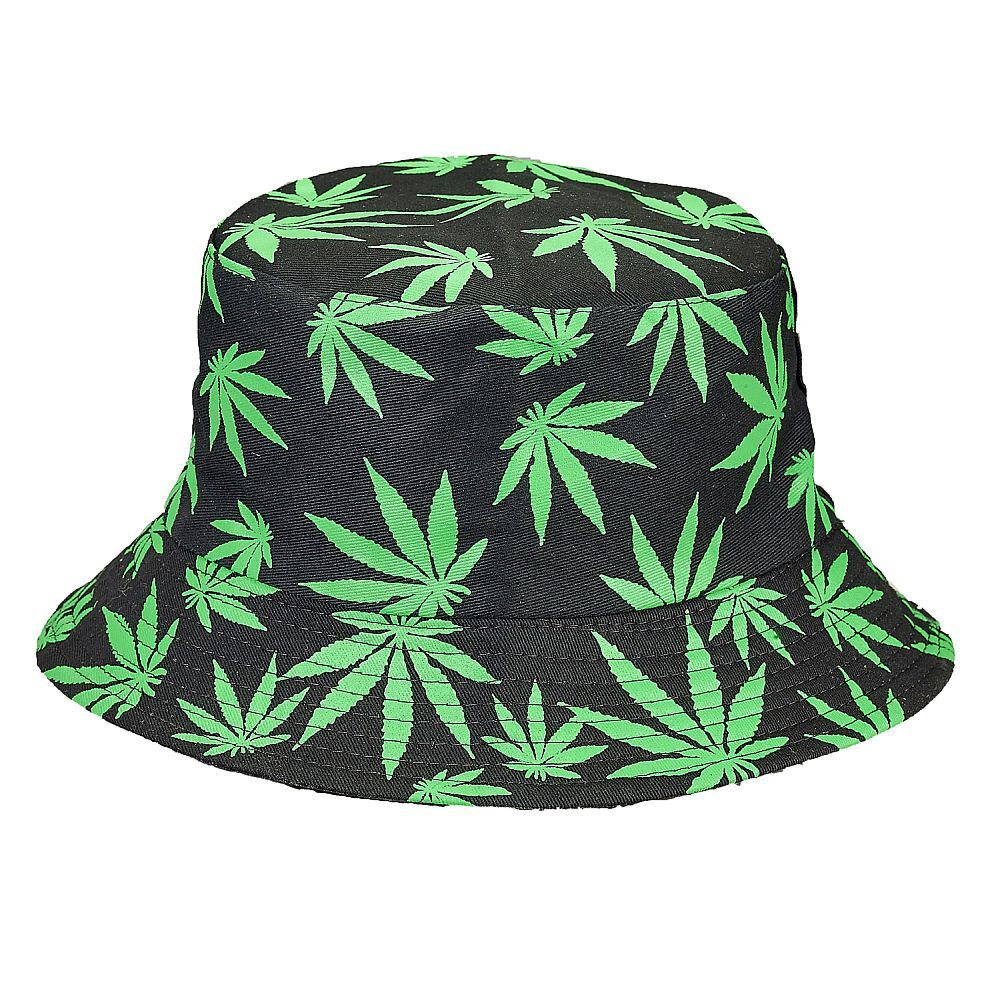 Unisex bucket hat with green marijuana leaf pattern on black fabric.