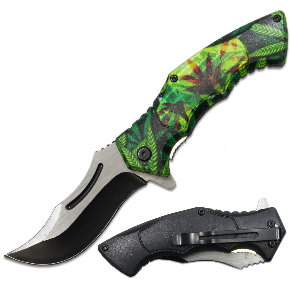 PK 6080-M2 4.5" cannabis leaf handle folding knife with stainless steel blade and belt clip.