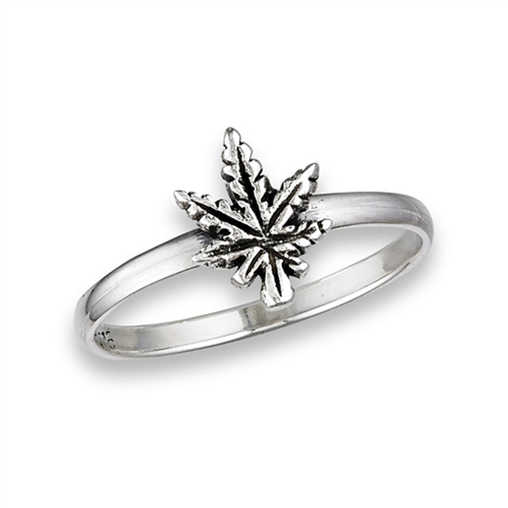 Oxidized marijuana leaf ring in .925 sterling silver, sizes 3-8.