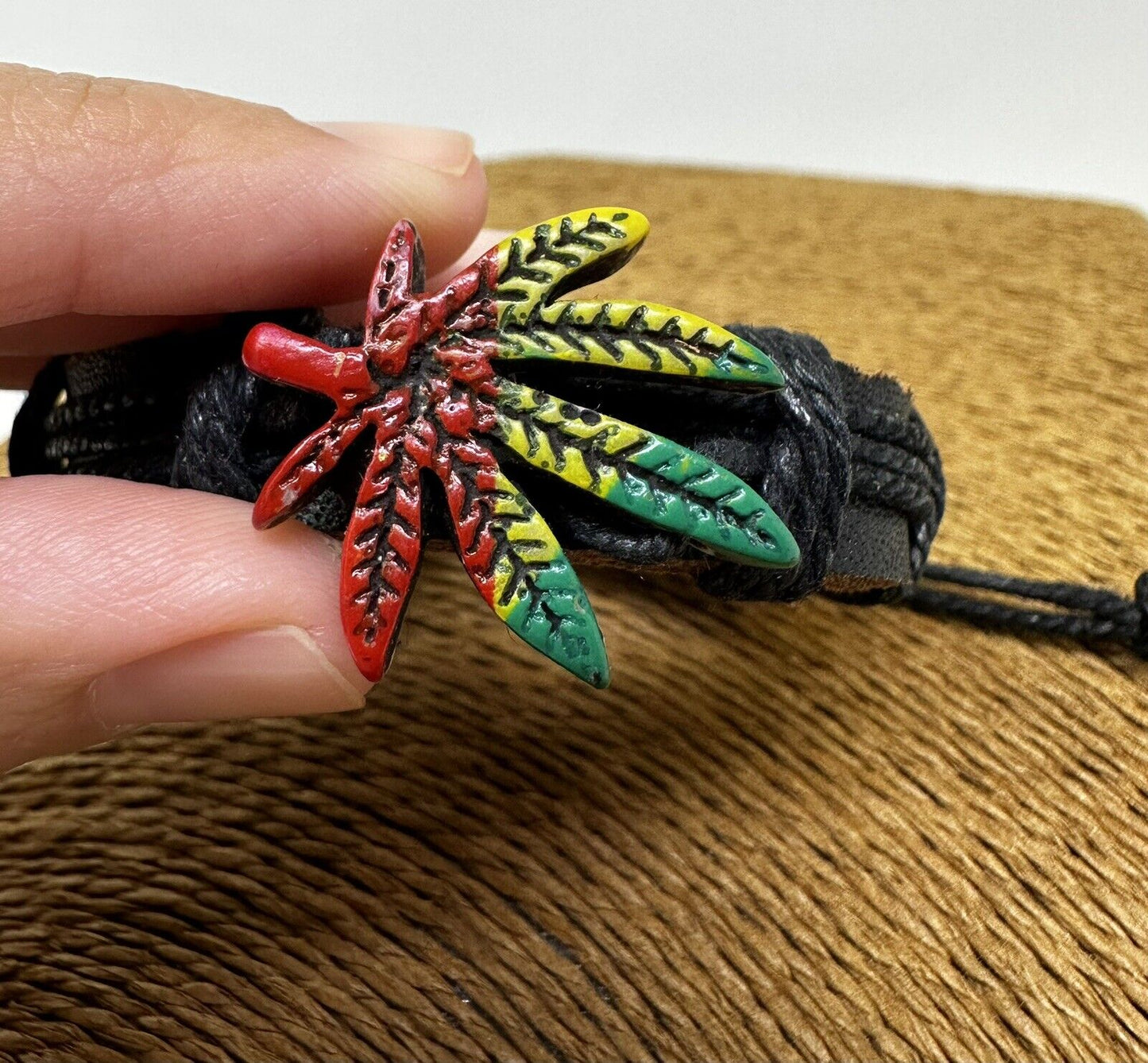 Adjustable Black Leather Bracelet with Rasta-Colored Marijuana Leaf Charm