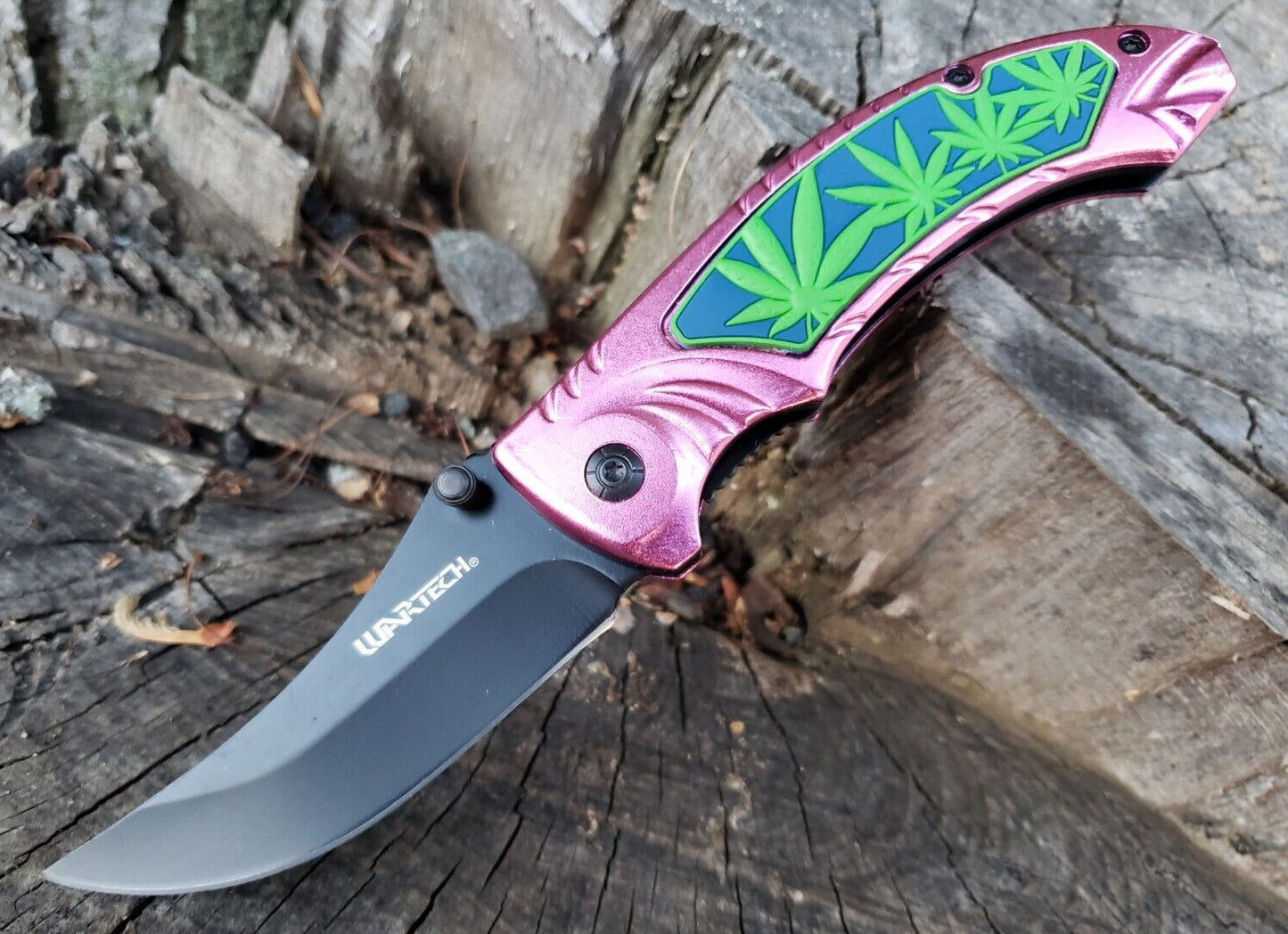 Pink Black Pot Leaf Design Spring assisted Pocket Knife Thumb Stud EDC 5.3 OZ