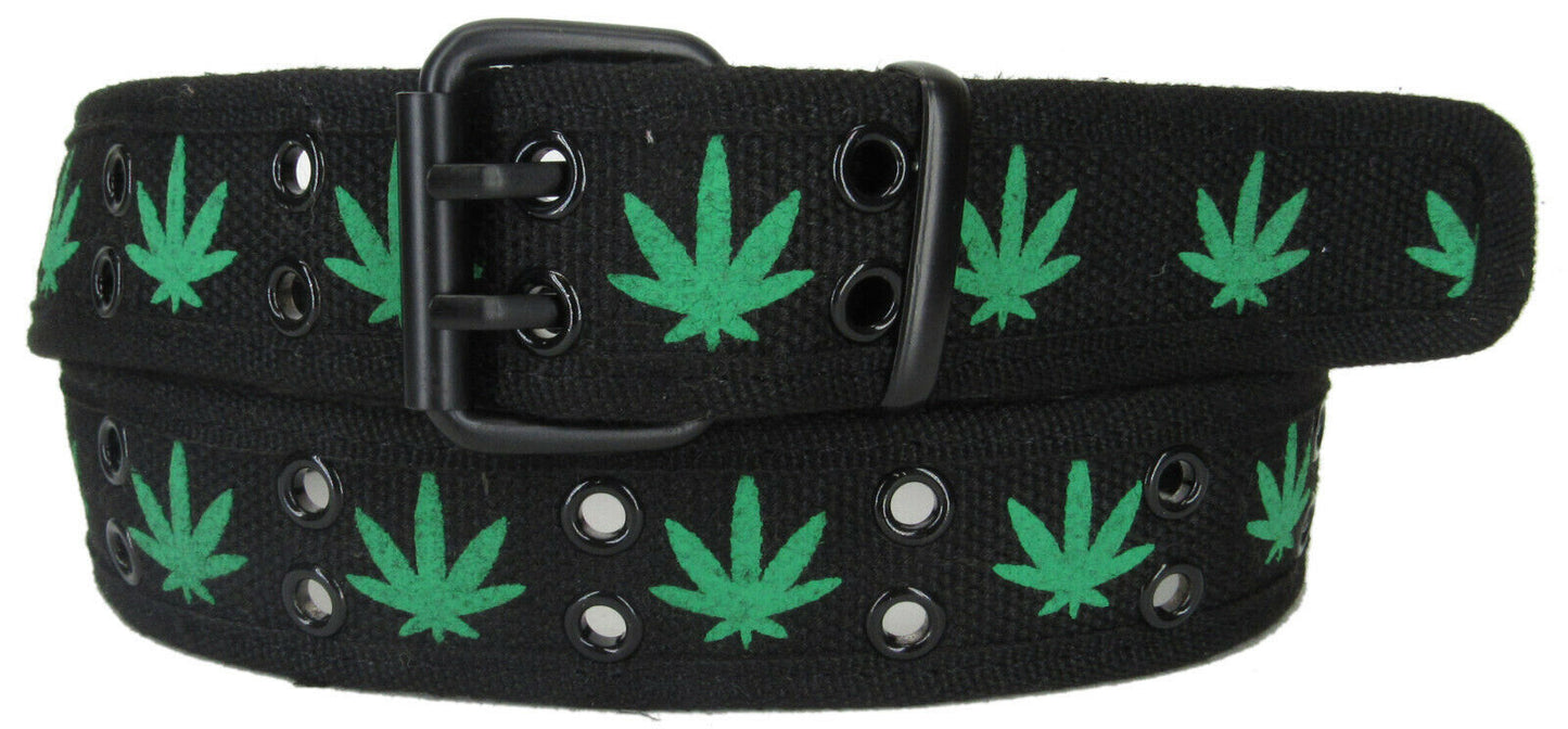 Weed double row grommet black belt with green leaf design, featuring two rows of grommets and black roller buckle.