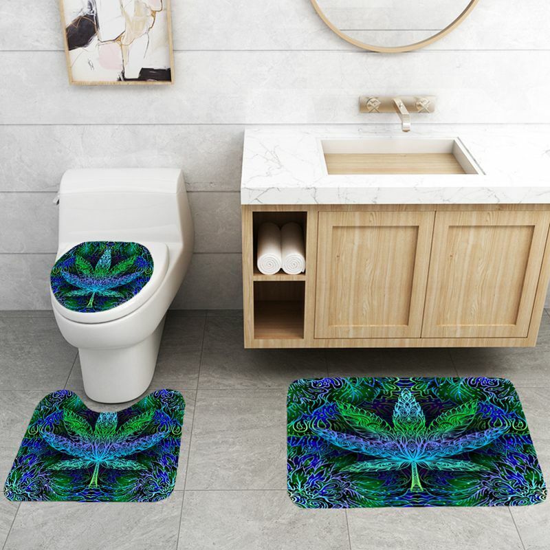 Psychedelic Weed Leaf Art Shower Curtain Set Bath Mat Non-Slip Toilet Lid Cover
