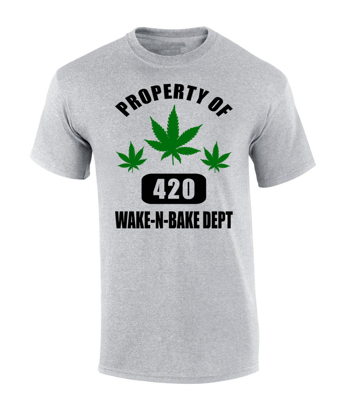Property Of Wake N' Bake Department 420 Cannabis T-Shirt, grey color, short sleeve, mens sizes S to 6XL.