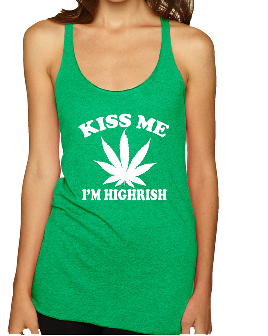 Kiss Me Im Highrish funny pot leaf tank top for St. Patrick's Day.