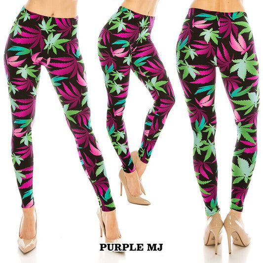 Colorful marijuana leaf patterned leggings for women showcasing a slim, tight fit.