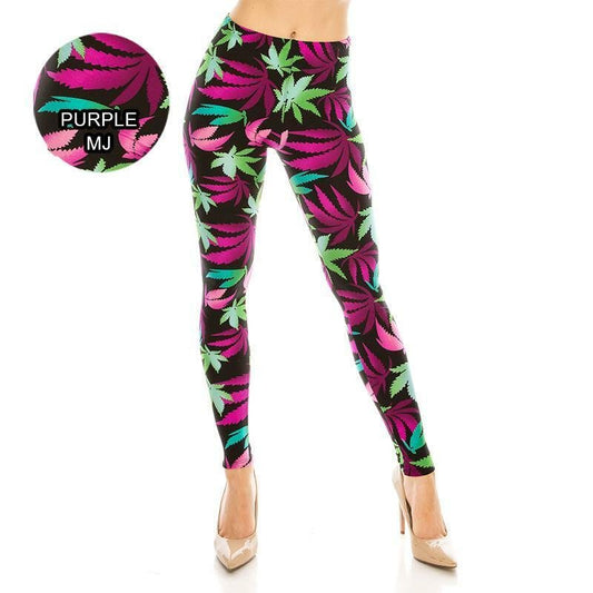 Women's marijuana print leggings, purple, slim fit, butter soft, ultimate stretch.