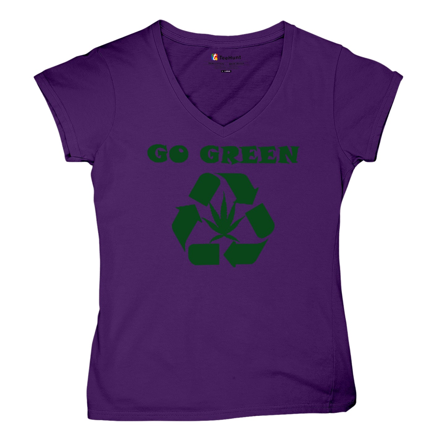 Go Green Women's V-Neck T-shirt Funny Weed Marijuana 420 7 colors size S to 2XL