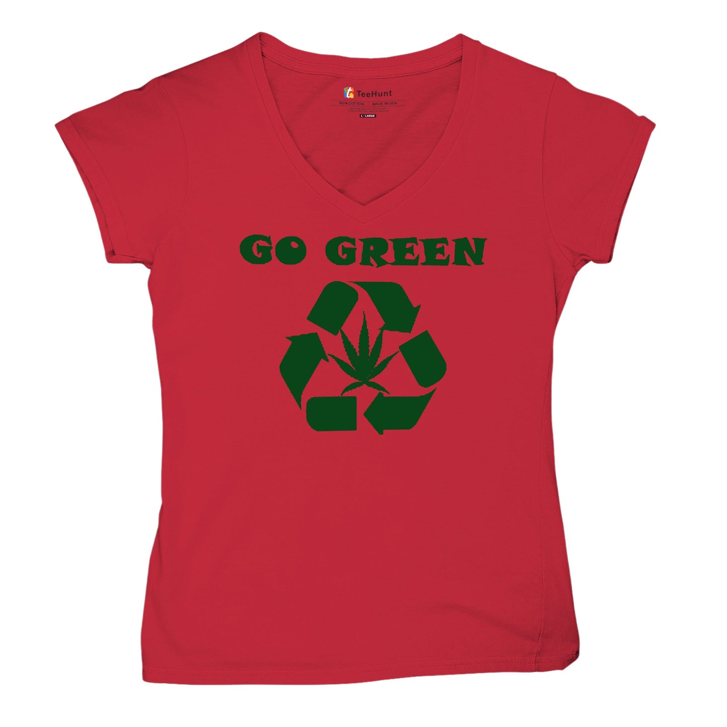 Go Green Women's V-Neck T-shirt Funny Weed Marijuana 420 7 colors size S to 2XL