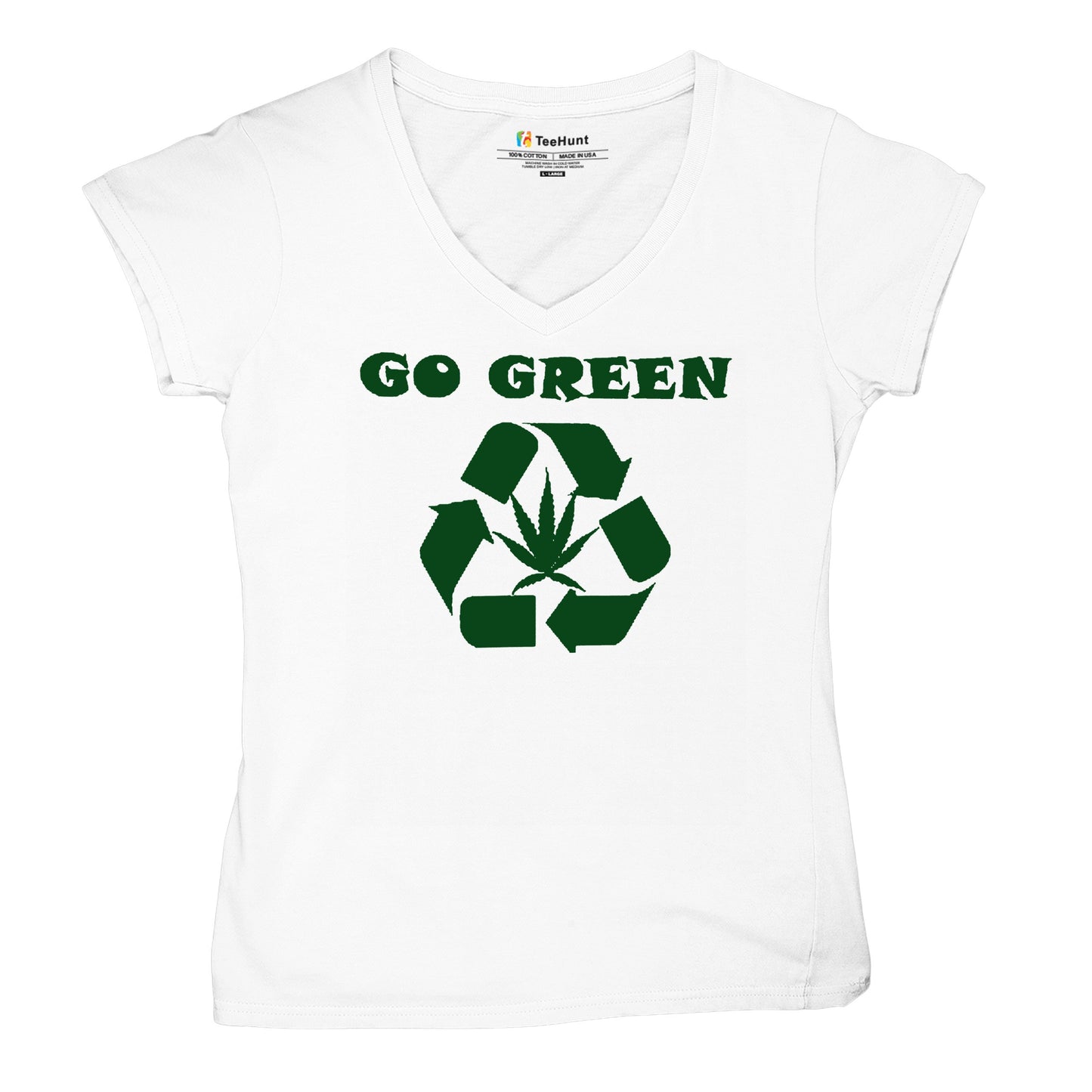 Go Green Women's V-Neck T-shirt Funny Weed Marijuana 420 7 colors size S to 2XL