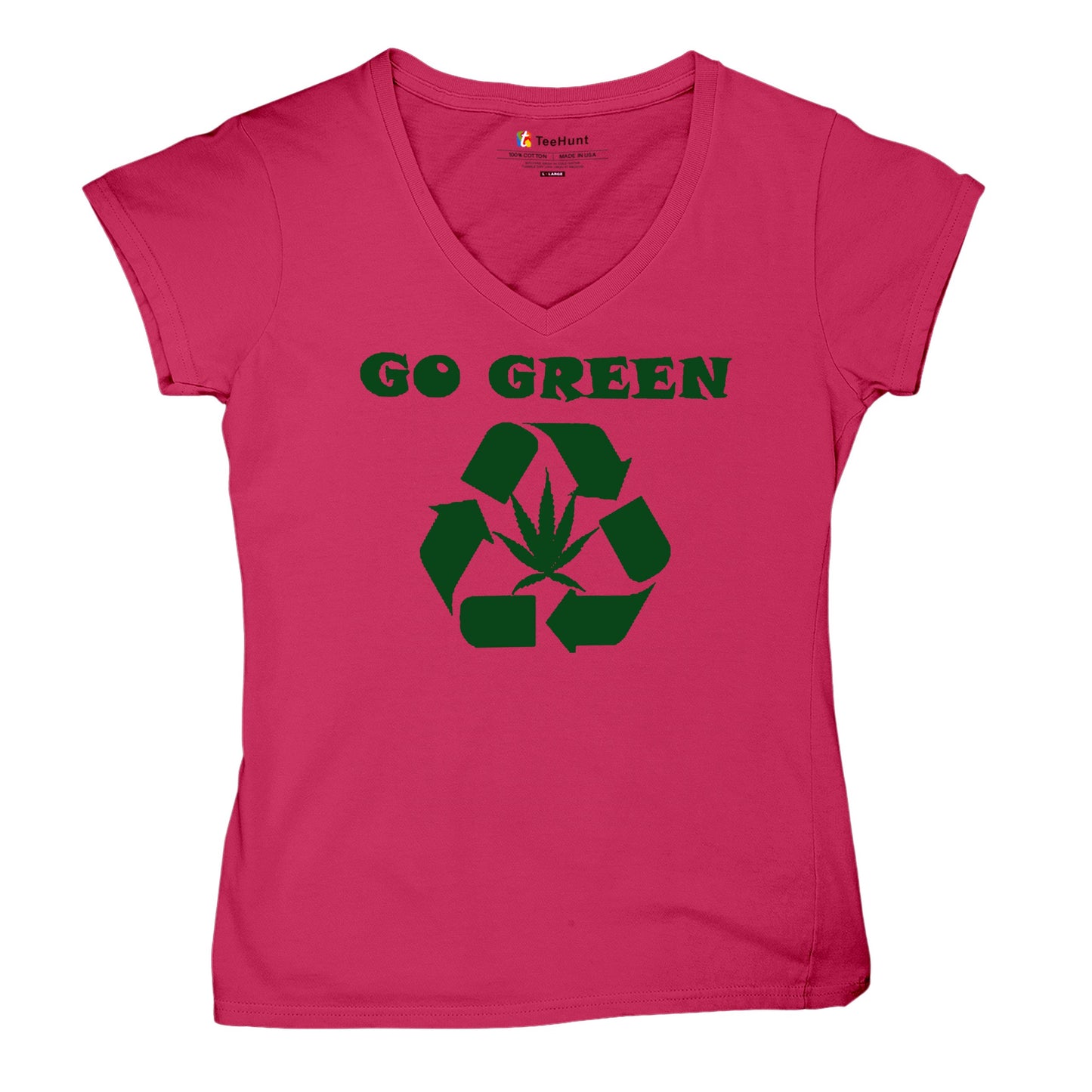 Go Green Women's V-Neck T-shirt Funny Weed Marijuana 420 7 colors size S to 2XL