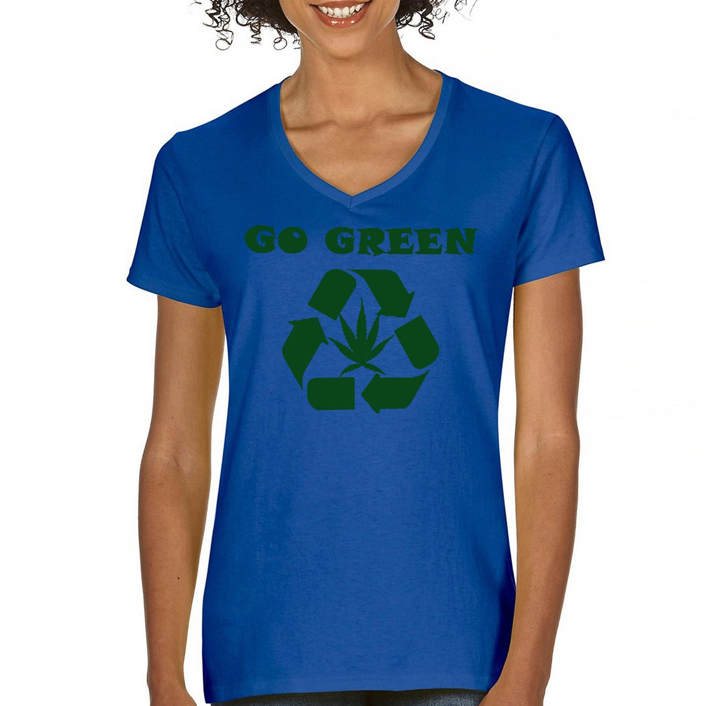 Go Green Women's V-Neck T-shirt Funny Weed Marijuana 420 7 colors size S to 2XL